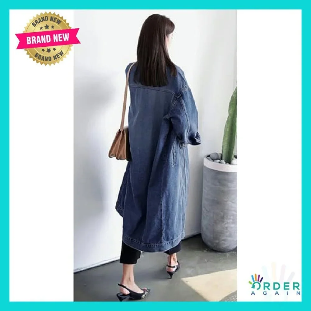 Classic Denim Trench Coat Oversized Loose Fit Long Sleeve Button Down Y2K